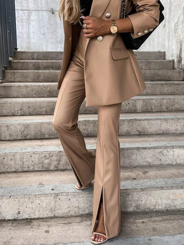 Faux Leather Front Slit Mid Waist Boot Cut Trousers - Your Shiny Clothes