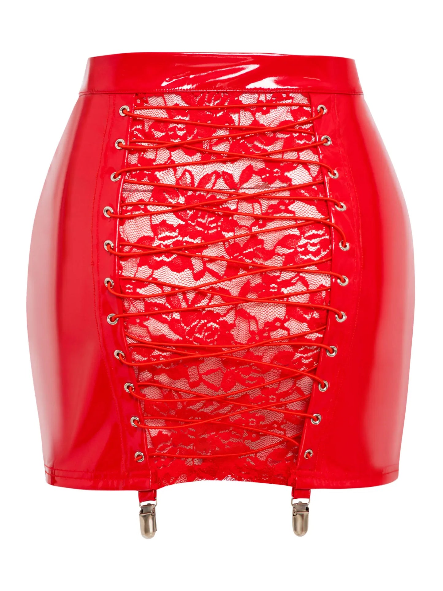 Shiny Patent Bodycon Mini Skirt with Lace-Up Back & Zip Front