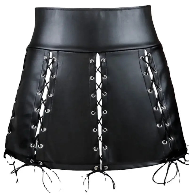 Black Lace Up PU Leather Skirt