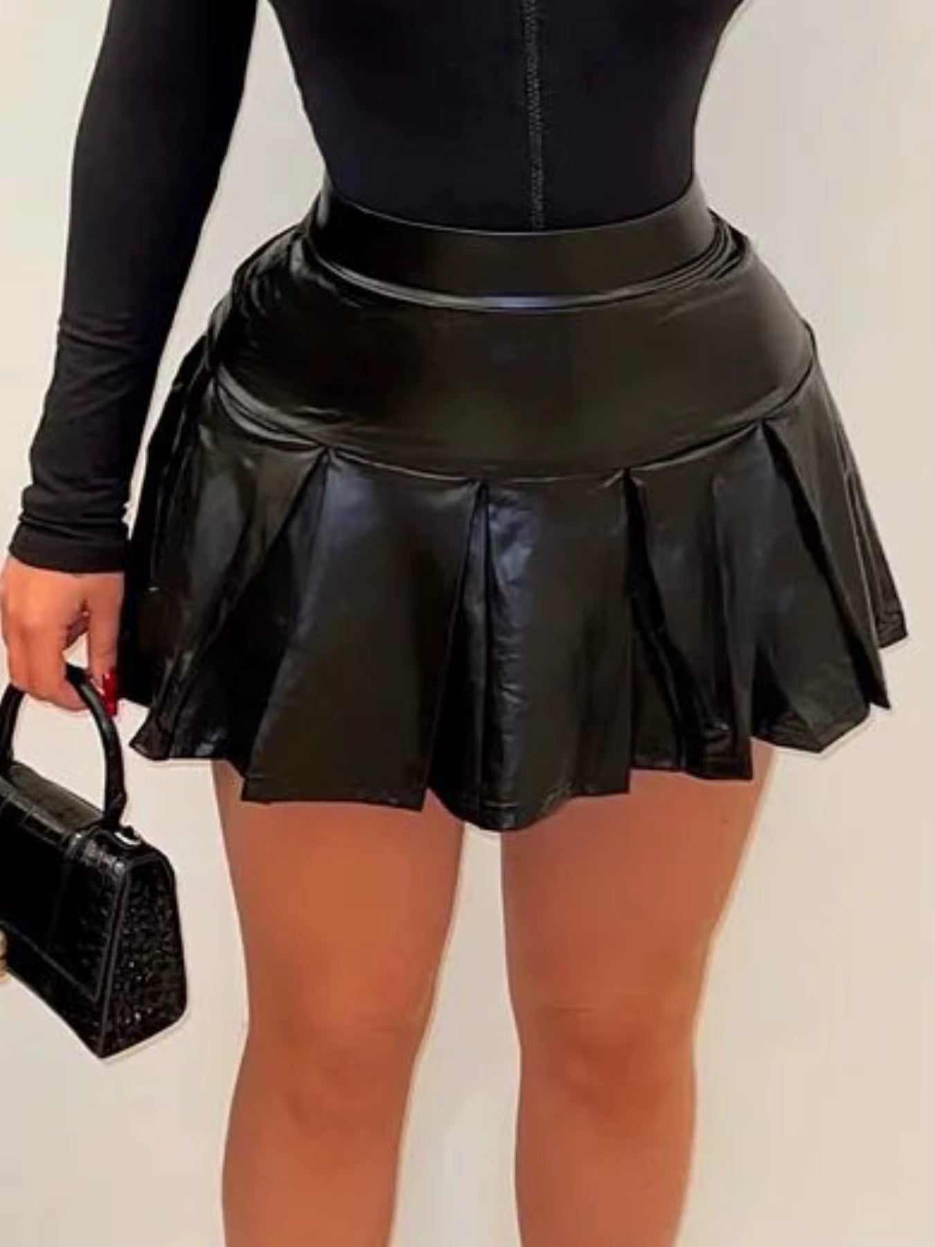 High Elastic Pu Pleated Leather Skirt