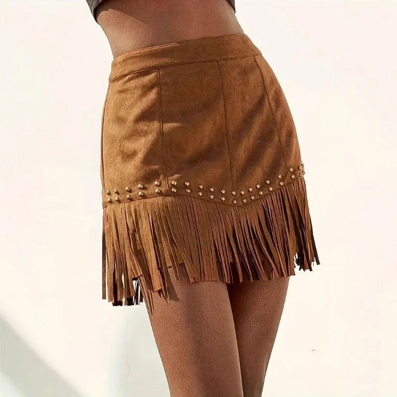 Faux Suede Fringed Rivet Design Short Skirt