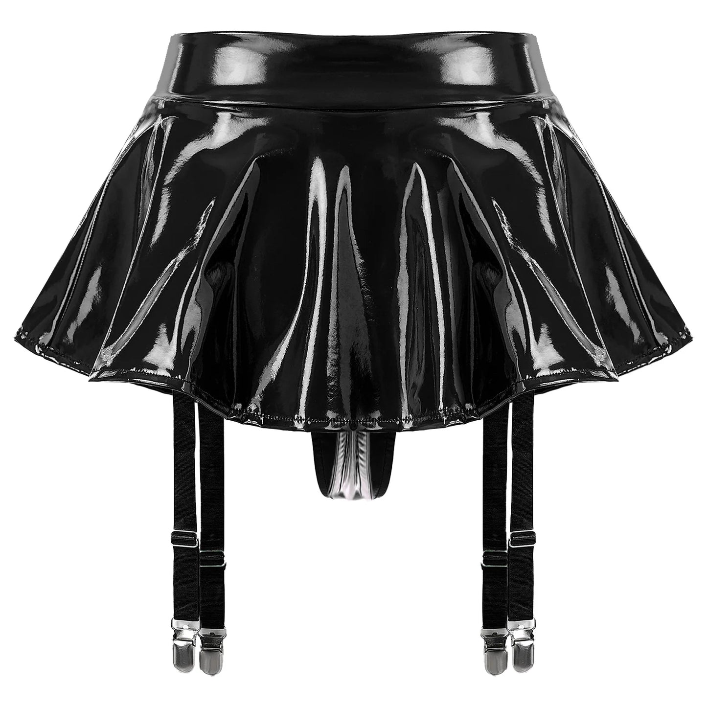 Patent Leather Ruffle Mini Skirt With Built-in Thongs And Garters