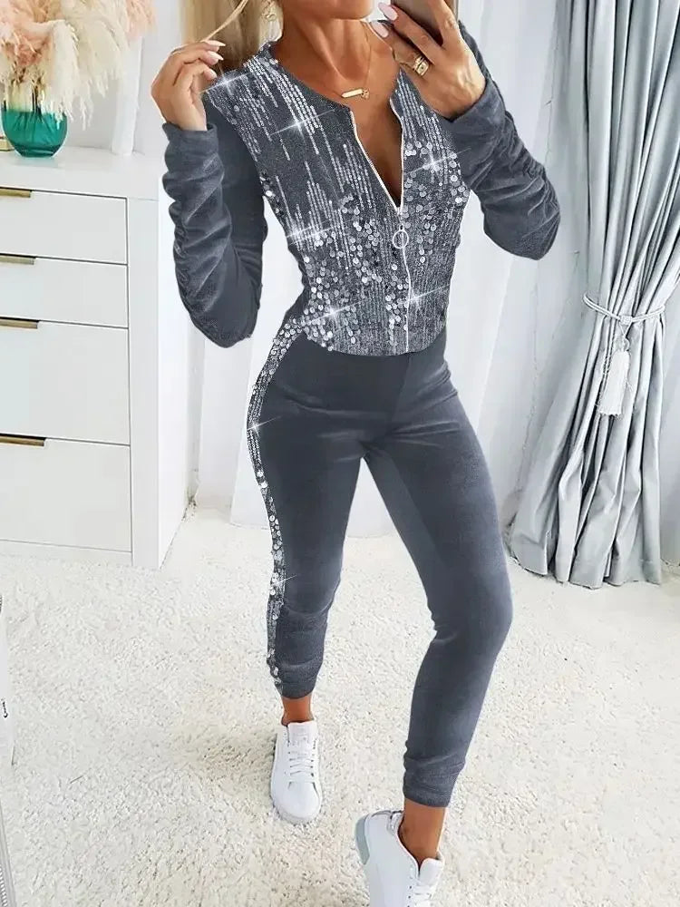 2 Piece Ruched Velvet Sequin Long Sleeve Tracksuit