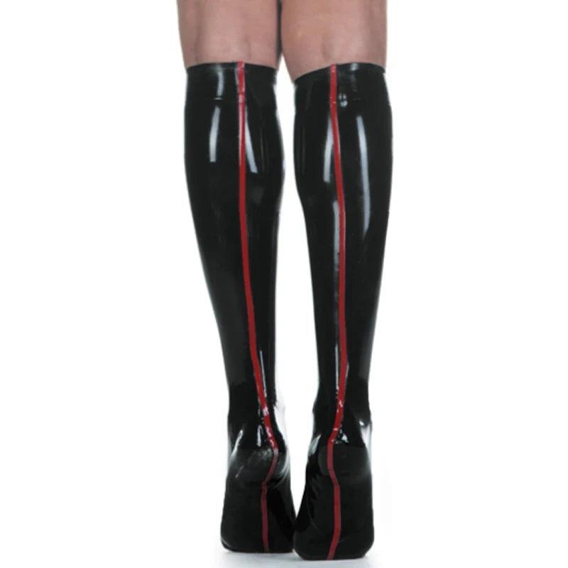 Black Knee High Latex Stockings With Red Seams - Your Shiny Clothes