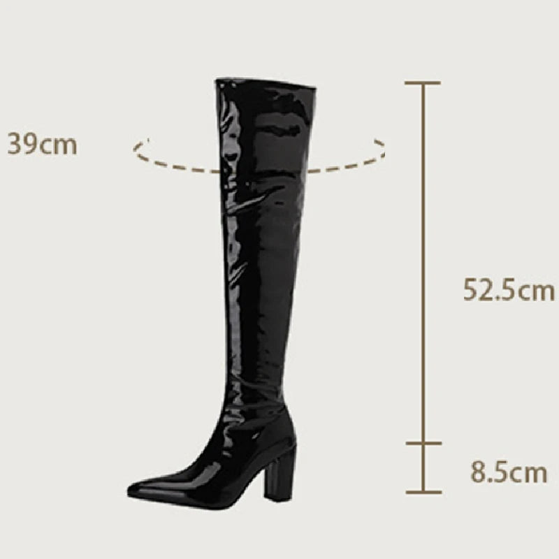 Over the Knee Pu Leather Square High Heel Boots - Your Shiny Clothes