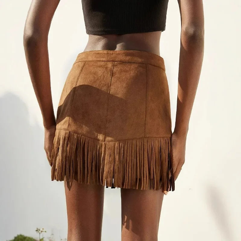 Faux Suede Fringed Rivet Design Short Skirt