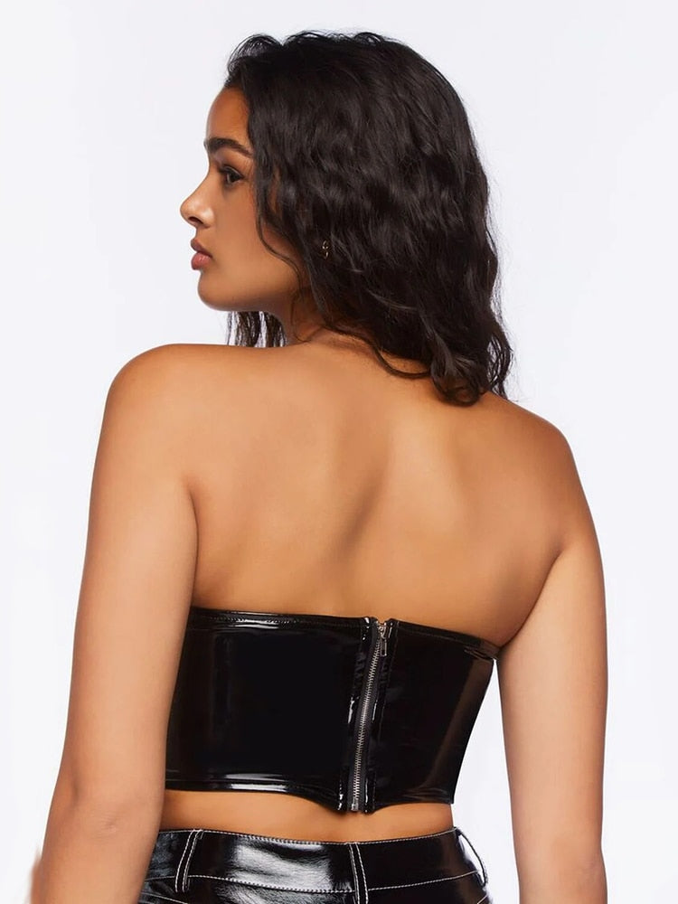 Black Patent Leather Strapless Zip Back Crop Top - Your Shiny Clothes