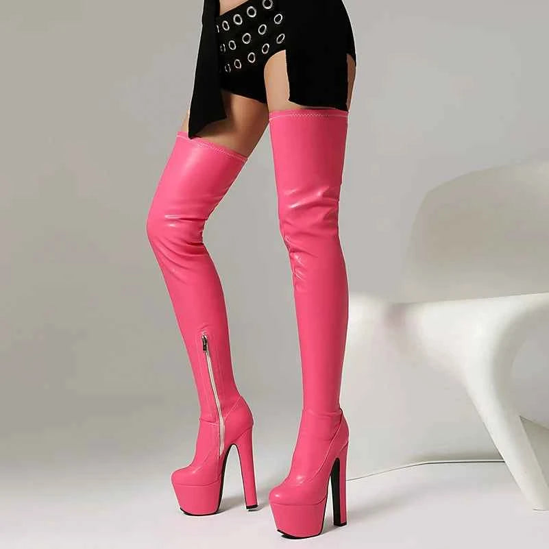 Super High Platform with Thick Heel - Faux Leather Plus Size Over-the-Knee Boots
