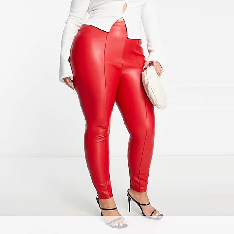 Elastic Mid Waist Faux  Leather Pencil Pants - Your Shiny Clothes