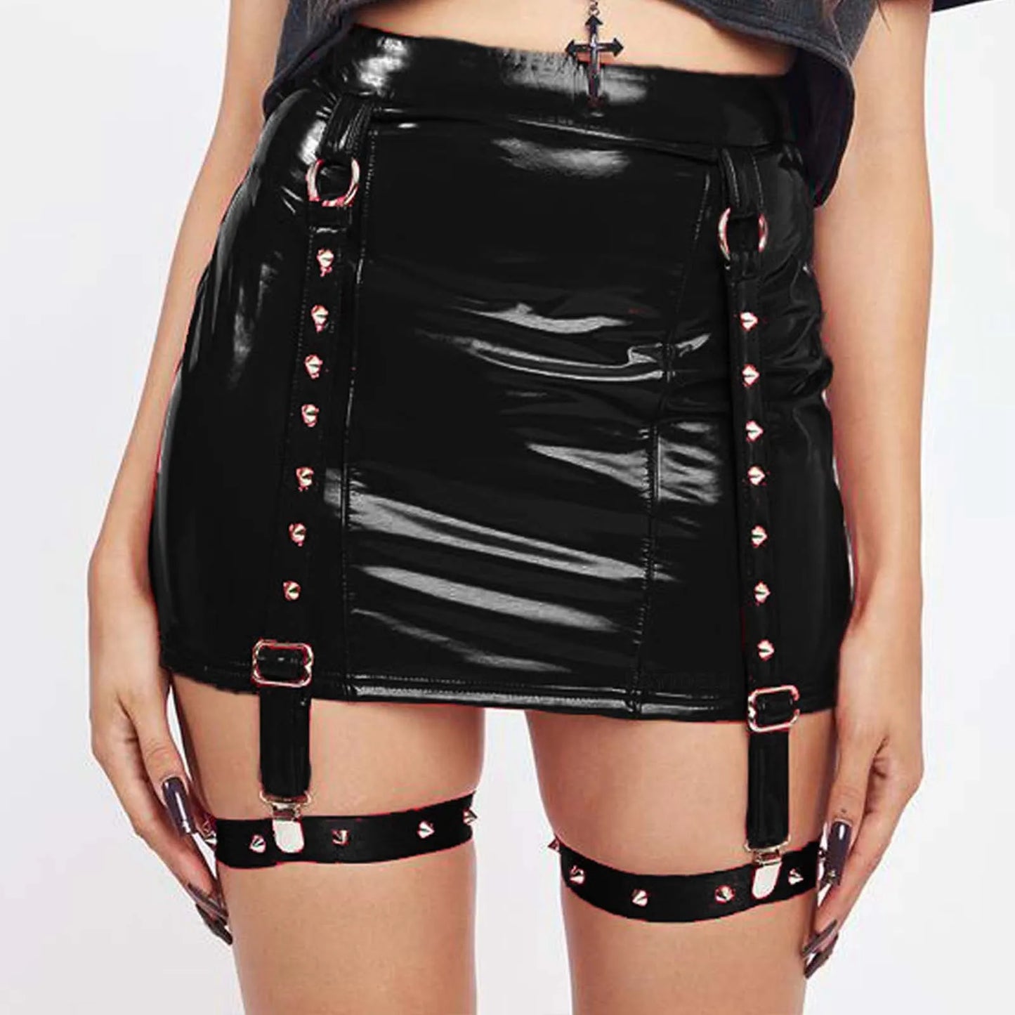 Hight Waist PU Leather Skirt With Garters