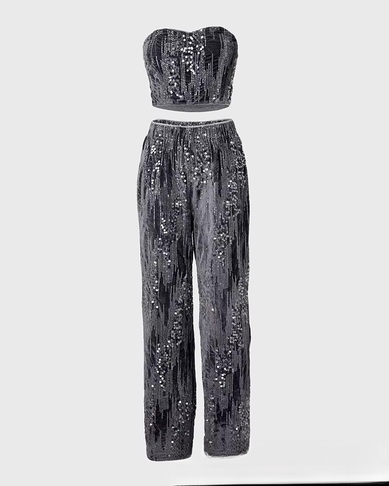Dark Gray Suede Sequined Tube Top and Casual Straight-leg Tracksuit