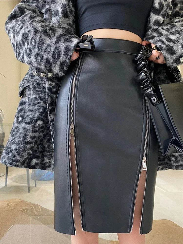 Matte Black Faux Leather Double Zip Midi Skirt - Your Shiny Clothes