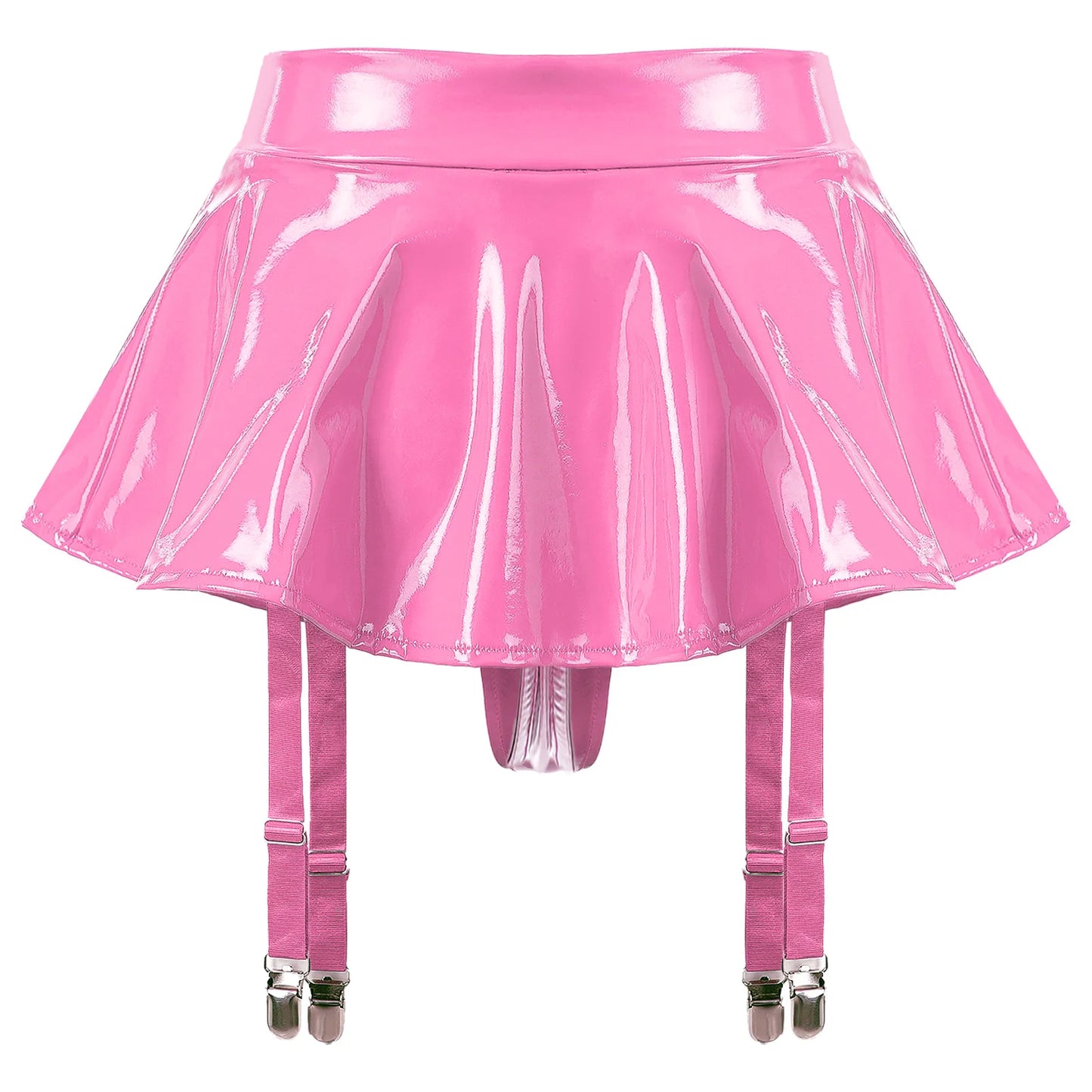 Patent Leather Ruffle Mini Skirt With Built-in Thongs And Garters