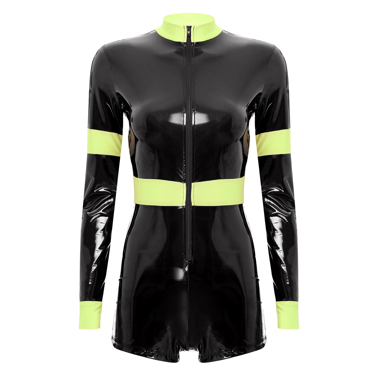 Long Sleeve PU Leather Front Zipper Bodysuit