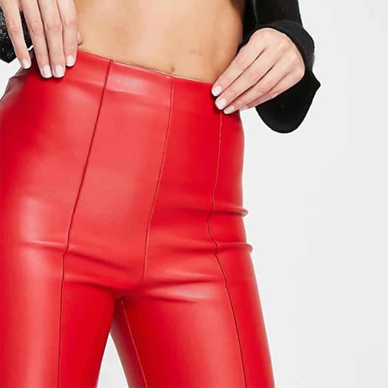 Elastic Mid Waist Faux  Leather Pencil Pants - Your Shiny Clothes