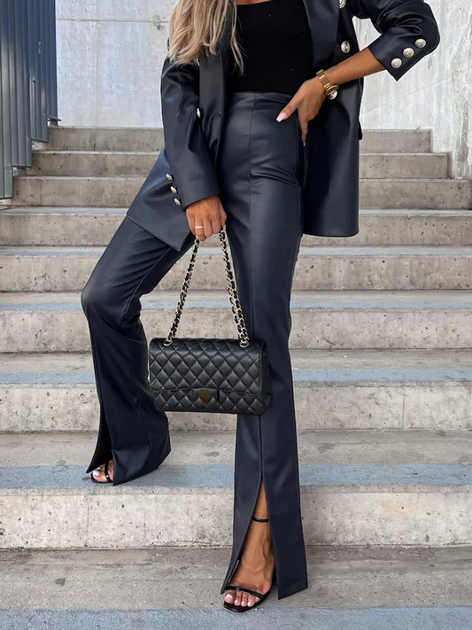 Faux Leather Front Slit Mid Waist Boot Cut Trousers