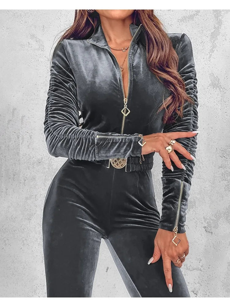 Velvet Zippered  Ruched Long Sleeve Jumpsuit