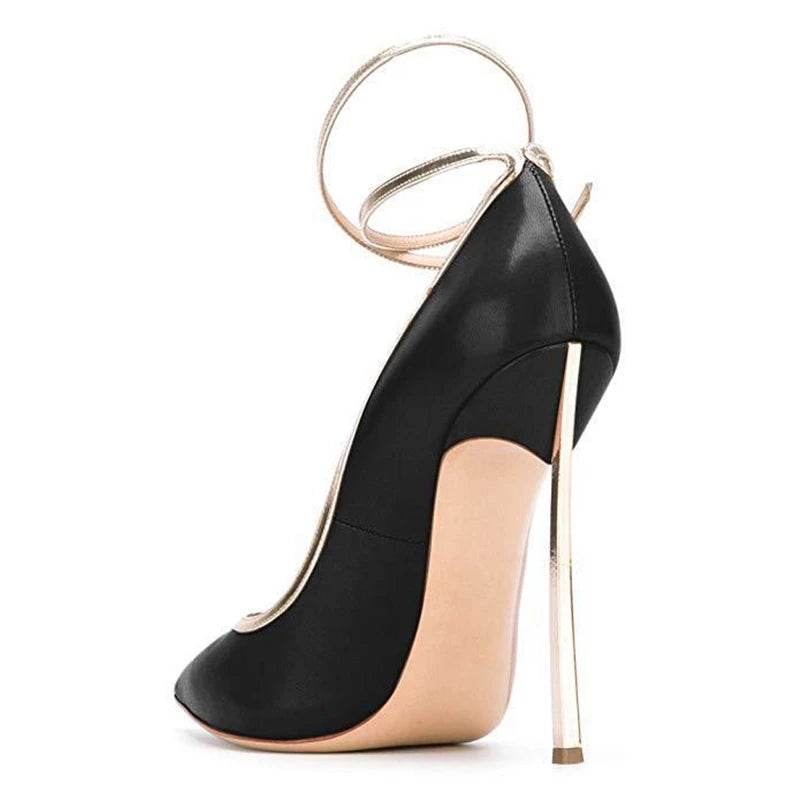 Metal Heeled Black with Gold Ankle Strap Pump - Your Shiny Clothes