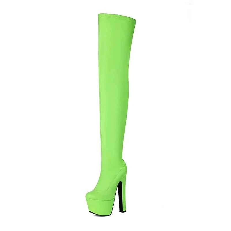 Super High Platform with Thick Heel - Faux Leather Plus Size Over-the-Knee Boots