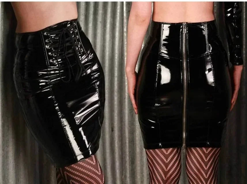 PVC Leather Lace Up Pencil Skirt