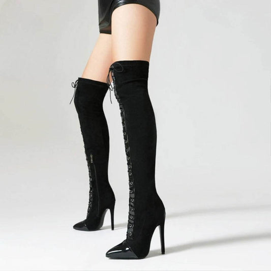 Black Faux Suede 11.5cm Heels Lace Up Over the Knee Boots - Your Shiny Clothes
