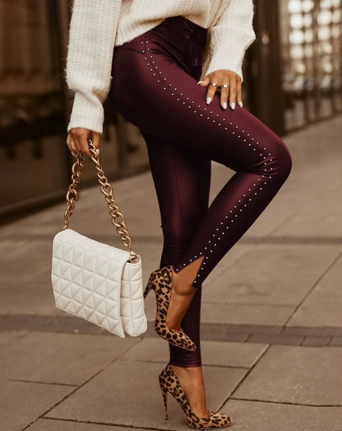 Skinny Pu Leather Pants With Lace Detail