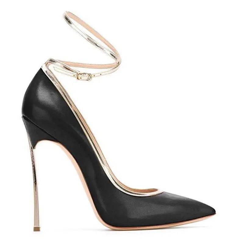Metal Heeled Black with Gold Ankle Strap Pump - Your Shiny Clothes