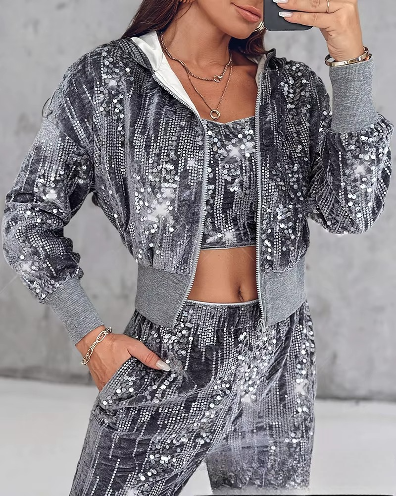 Dark Gray Suede Sequined Tube Top and Casual Straight-leg Tracksuit