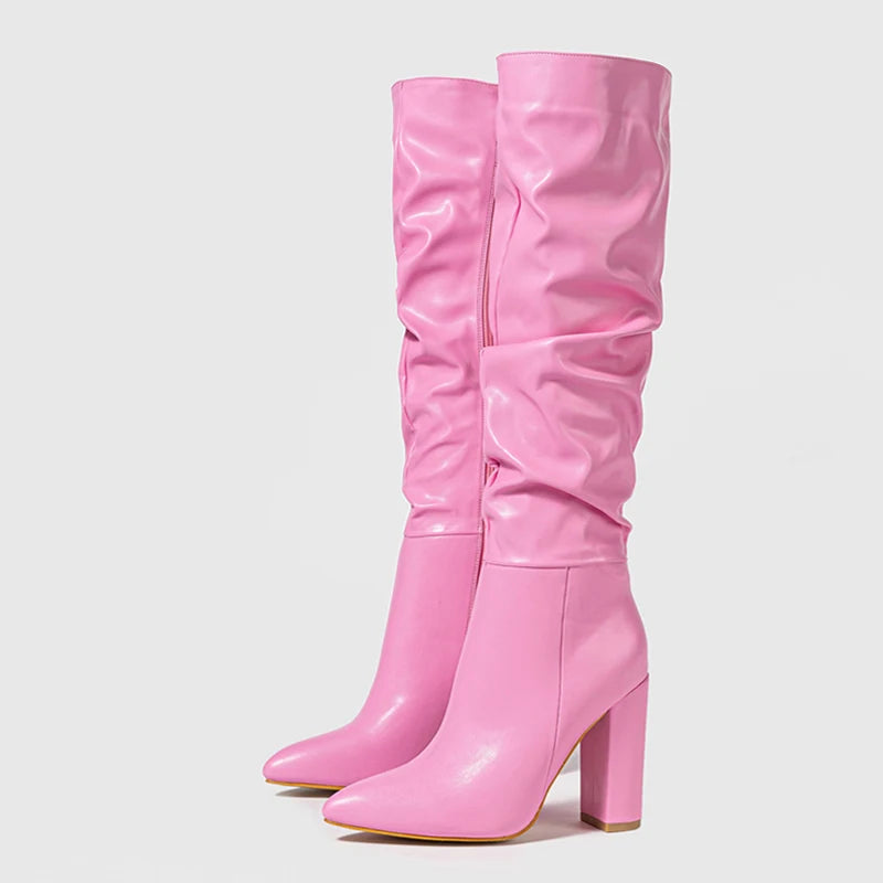 Pink Pleated Faux Leather Knee High Boots