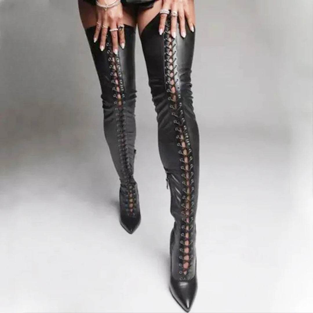 Black Faux Leather 11CM Stiletto Heels Over The Knee Boots - Your Shiny Clothes