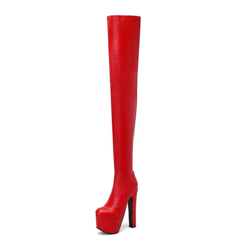 Super High Platform with Thick Heel - Faux Leather Plus Size Over-the-Knee Boots