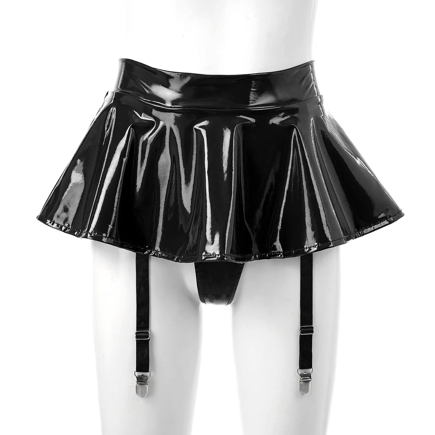 Patent Leather Ruffle Mini Skirt With Built-in Thongs And Garters