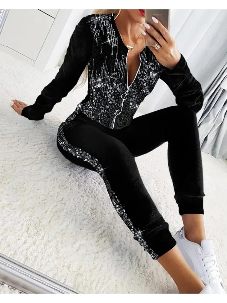 2 Piece Ruched Velvet Sequin Long Sleeve Tracksuit