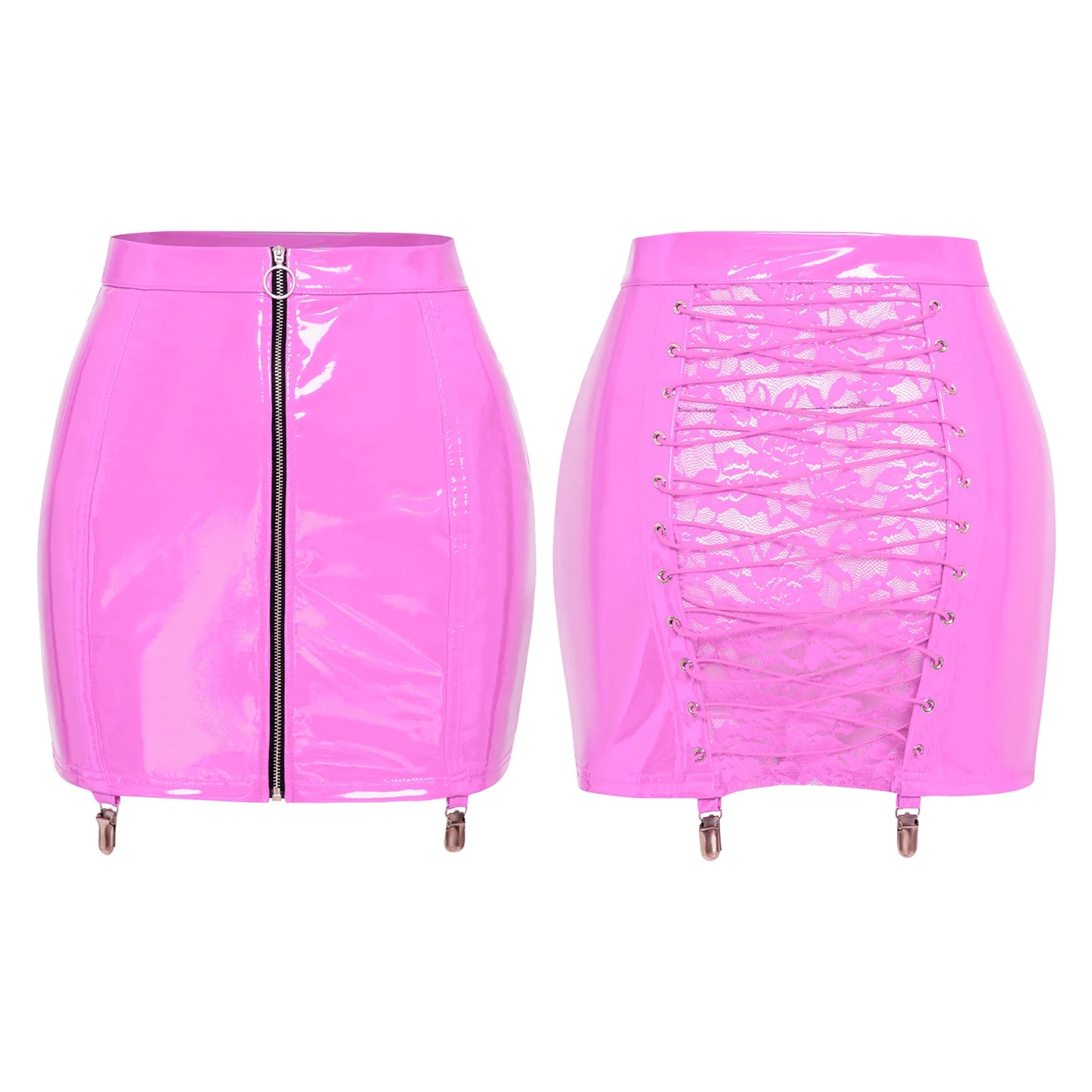 Shiny Patent Bodycon Mini Skirt with Lace-Up Back & Zip Front