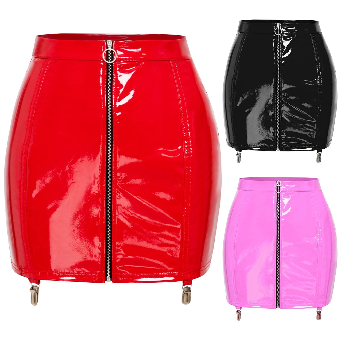Shiny Patent Bodycon Mini Skirt with Lace-Up Back & Zip Front