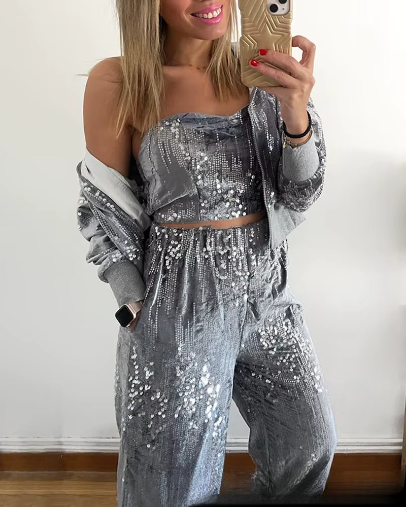 Dark Gray Suede Sequined Tube Top and Casual Straight-leg Tracksuit