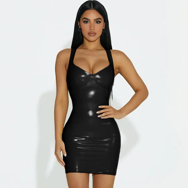 PU Shiny V-Neck Halter Dress