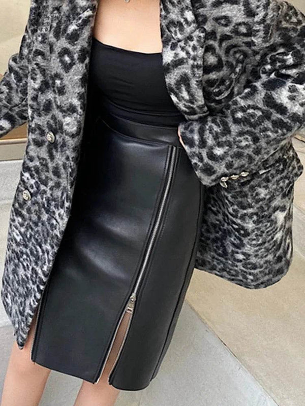 Matte Black Faux Leather Double Zip Midi Skirt - Your Shiny Clothes