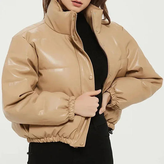 Thick Warm Padded PU Leather Parka