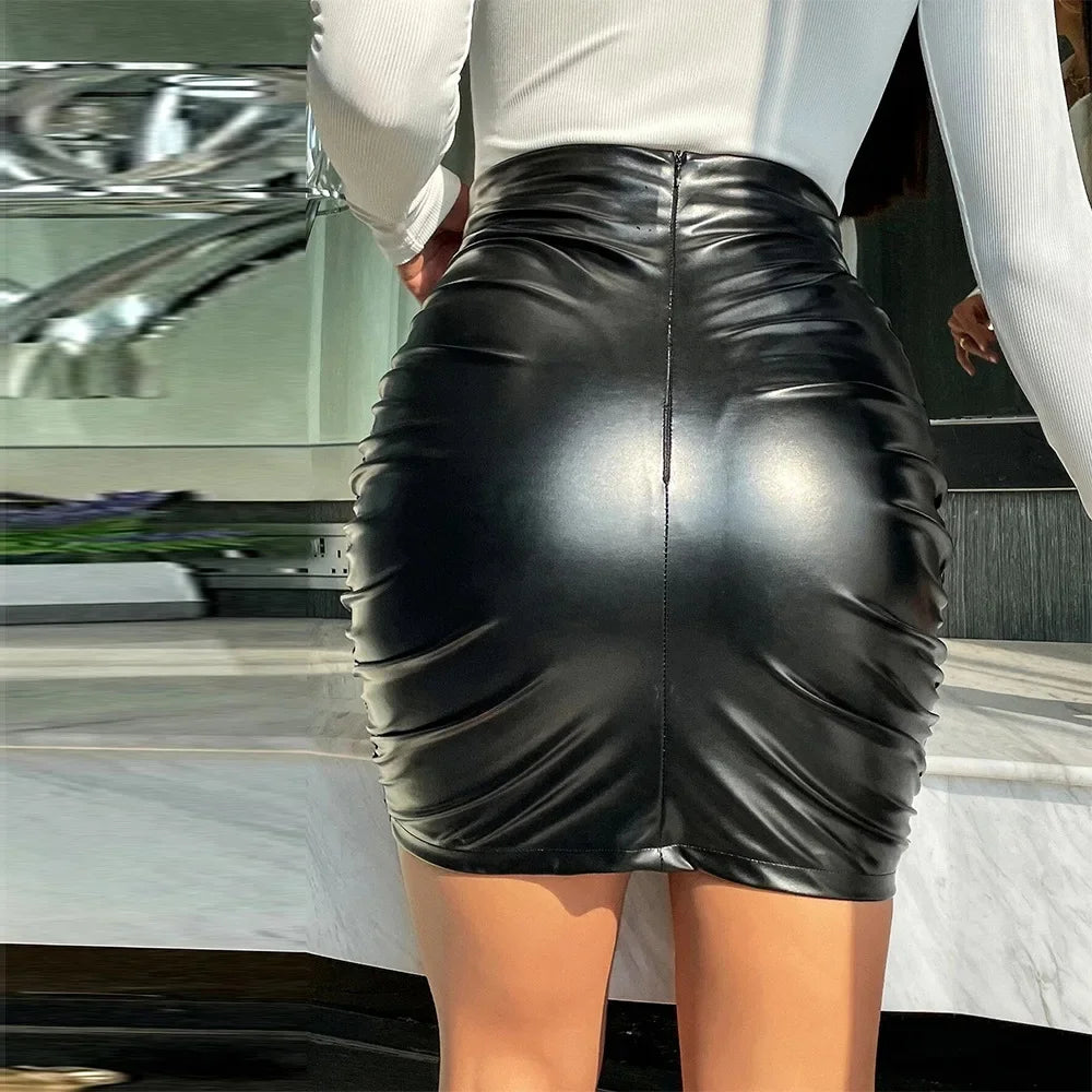 High Waist Pleated Black Faux Leather Skirt