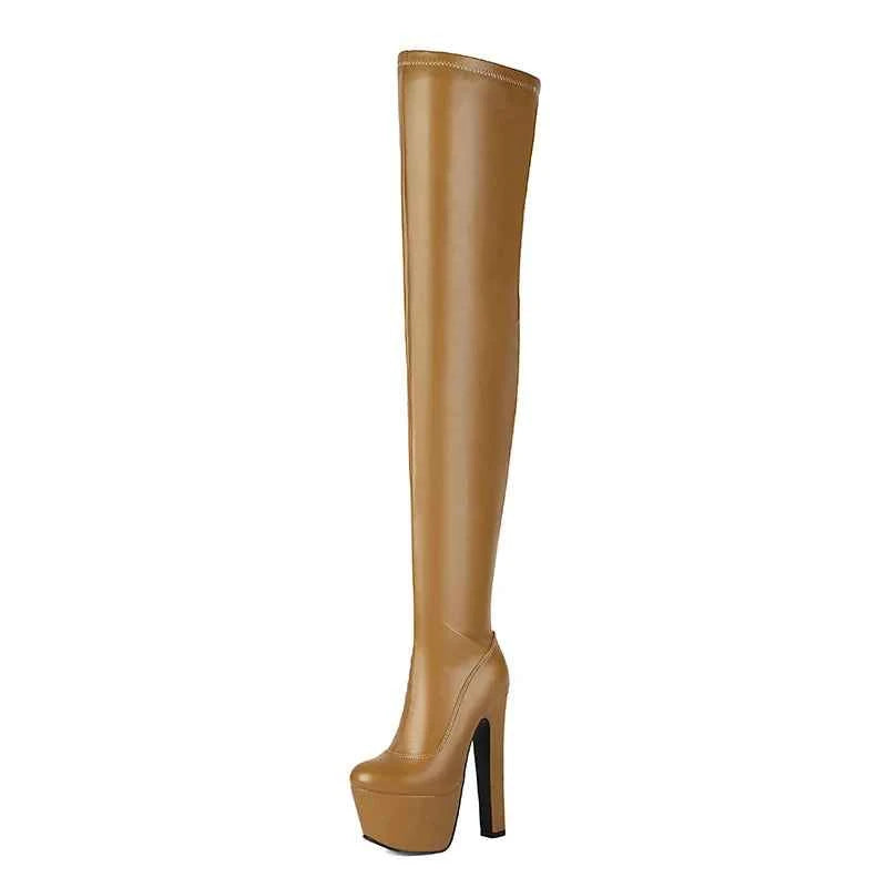 Super High Platform with Thick Heel - Faux Leather Plus Size Over-the-Knee Boots