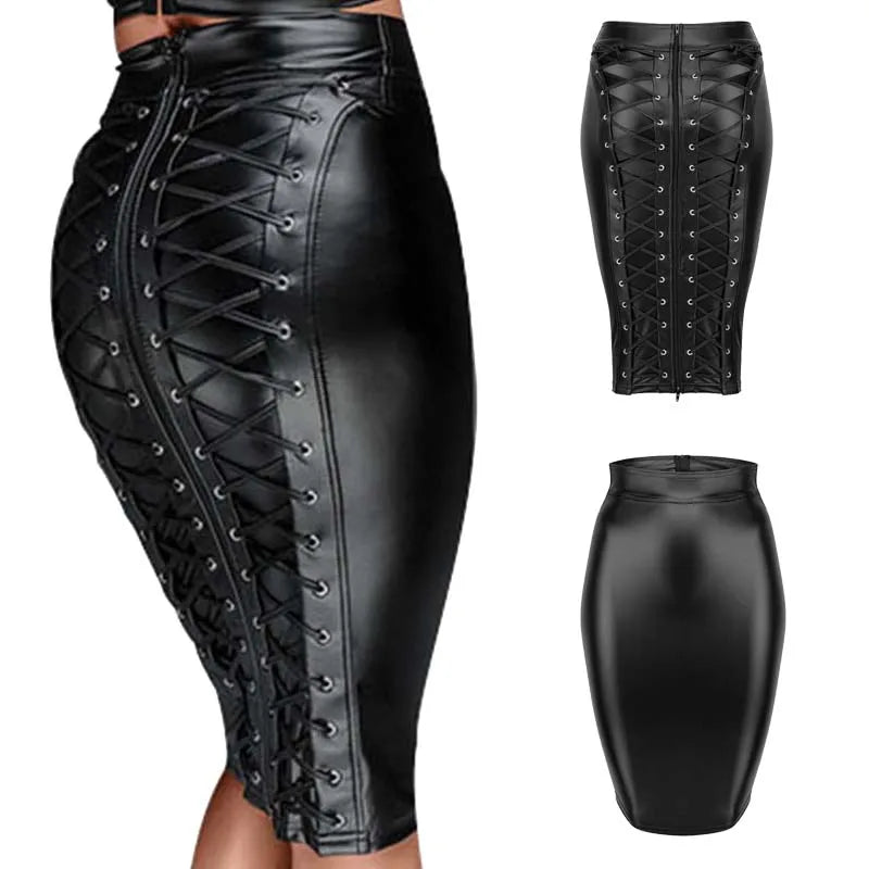 PU Back Lace Leather Skirt