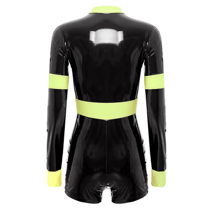 Long Sleeve PU Leather Front Zipper Bodysuit - Your Shiny Clothes