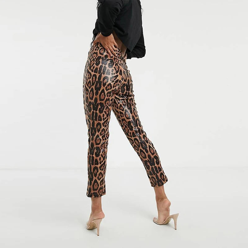 PU Leather Leopard Print Pencil Pants - Your Shiny Clothes