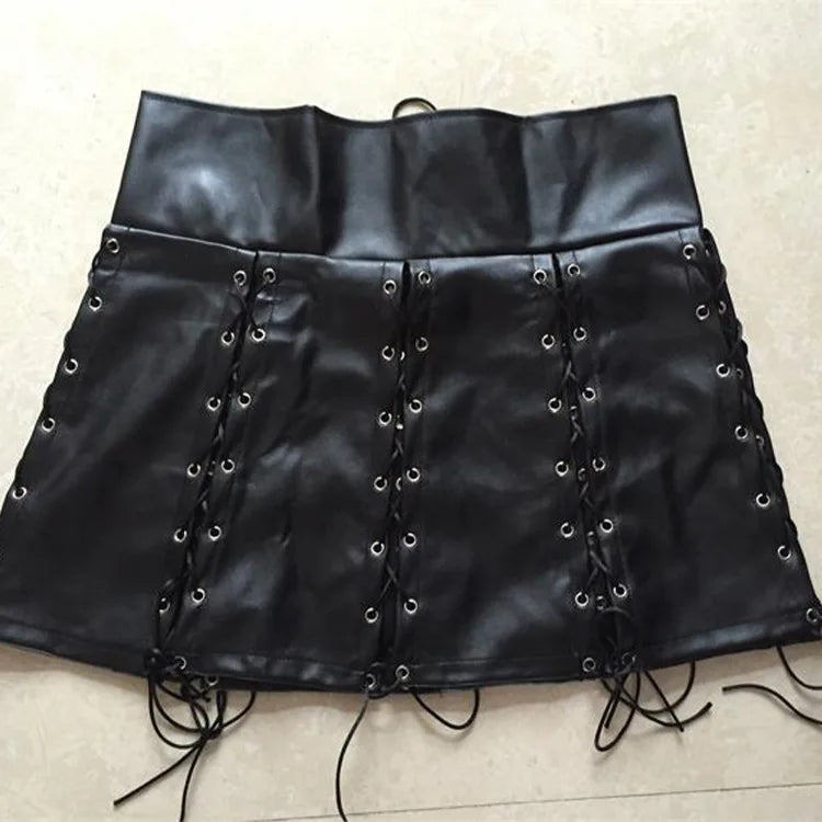 Black Lace Up PU Leather Skirt - Your Shiny Clothes