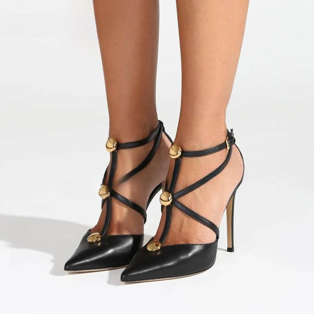 Metal Buckle T-Tied Pointed Toe Stiletto Sandals - Your Shiny Clothes