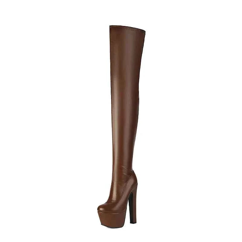 Super High Platform with Thick Heel - Faux Leather Plus Size Over-the-Knee Boots