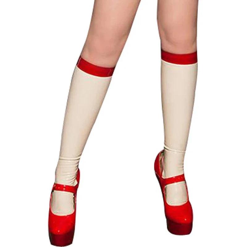 White Knee High Latex Stocking With Red Trims - Your Shiny Clothes