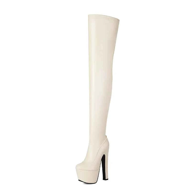 Super High Platform with Thick Heel - Faux Leather Plus Size Over-the-Knee Boots