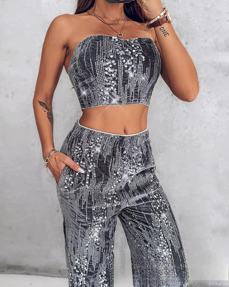 Dark Gray Suede Sequined Tube Top and Casual Straight-leg Tracksuit